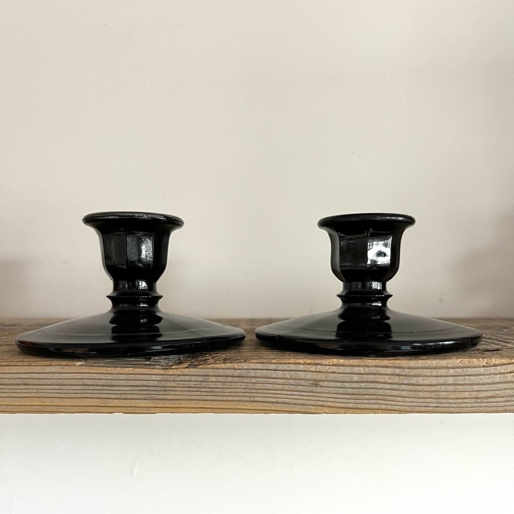 Black amethyst glass candlesticks set of 2